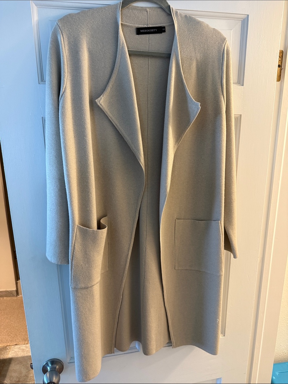 Merokeety Neutral Beige Open-Front Long Cardigan